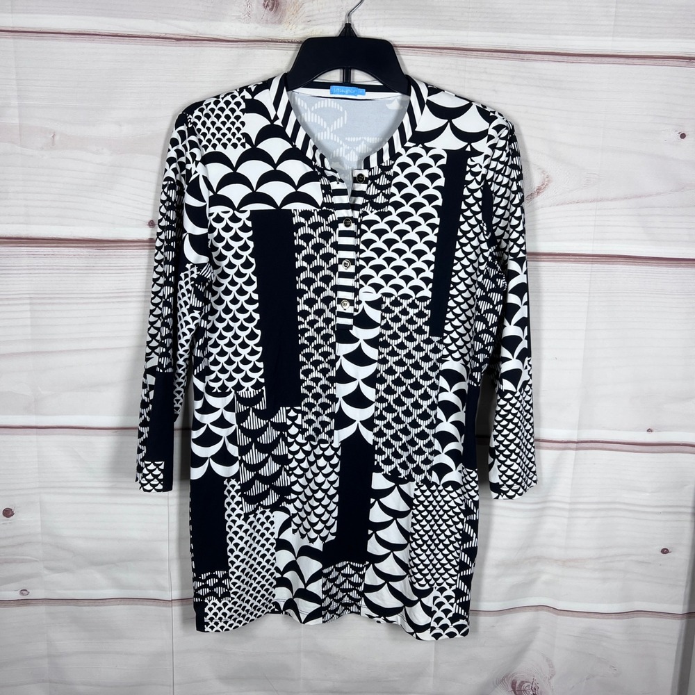 J.McLaughlin Tunic Top Women Medium Black Geometric Henley Catalina Cloth Preppy